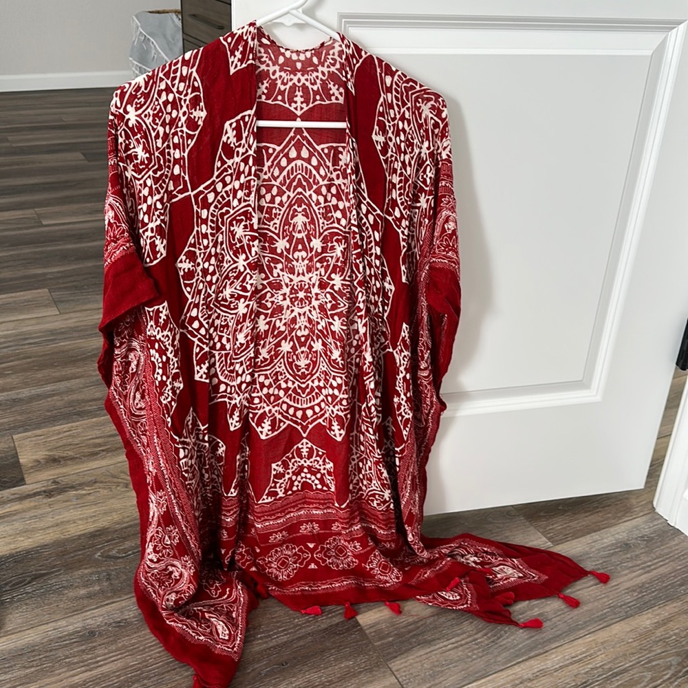 Red and White Shawl/Cardigan/Beach Cover Up, One Size